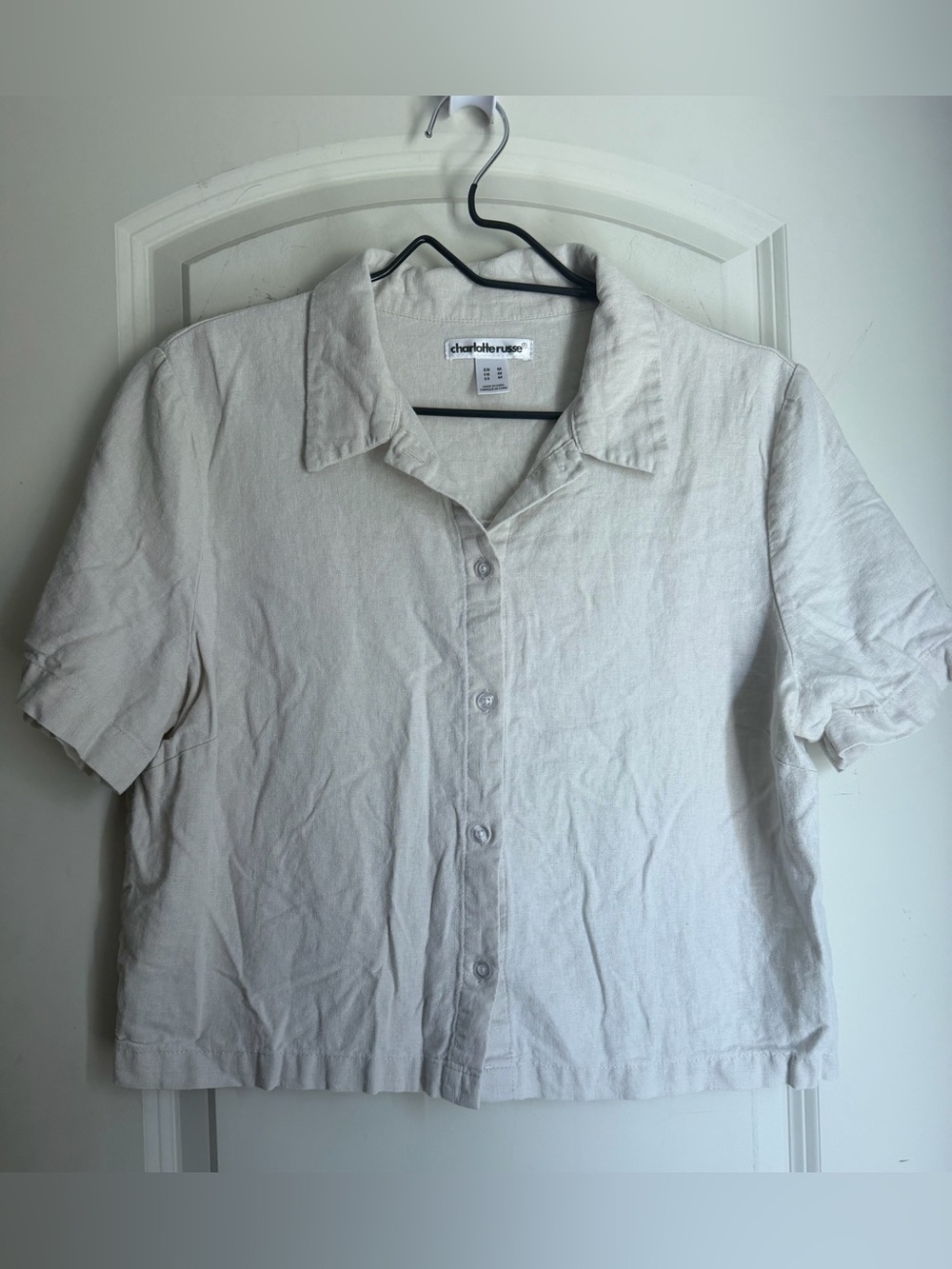 Charlotte Russe linen/rayon Beige Linen-Blend‎ Short Sleeve Button crop Shirt